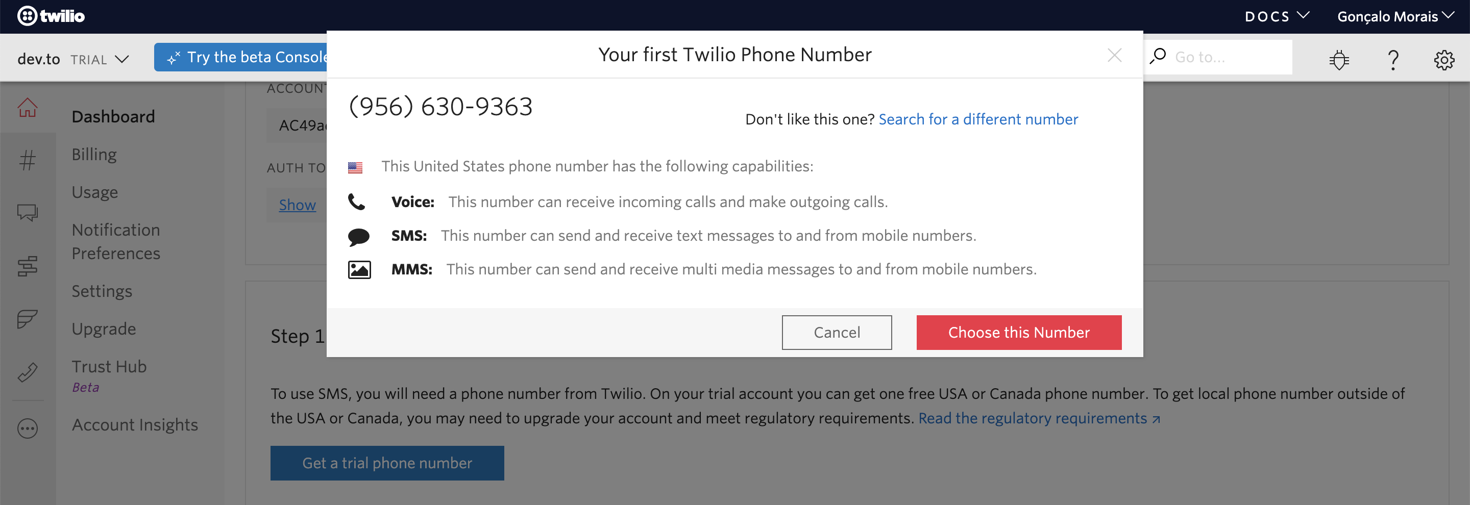 Modal with a suggested phone number